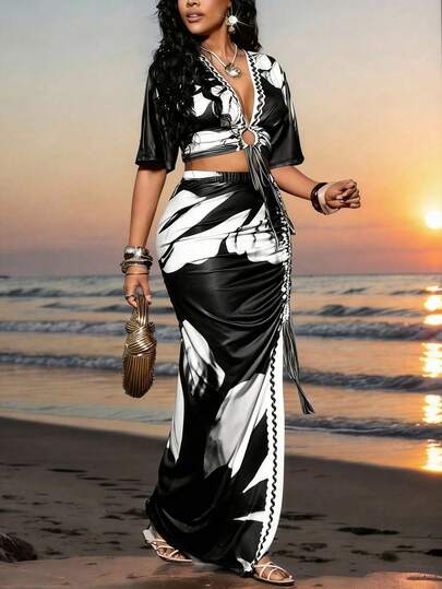 Lureya Women's Fashion Ruffle Sleeve Shirt, Printed Open Front Metal Button High Waist Bodycon High Slit Sexy Charming Refined Young Elegant Romantic Daily Vacation Outing Party Dress, Short Sleeve Skirt 2-Piece Set, Spring/Summer Tall Women Clothes 2 Piece Cruise Outfits Women Evening Beach Outfits For Woman 2 Piece Greece Outfits For Women Cruise Outfit For Women Resort Wear