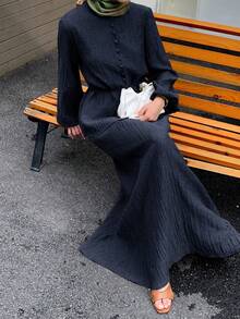 Solavon Women's Casual Solid Color Textured Long Sleeve Top And Skirt 2 Pieces Set,Unlined Sleeves, Autumn Modest Two Piece Linen Sets - Navy Blue - View 6