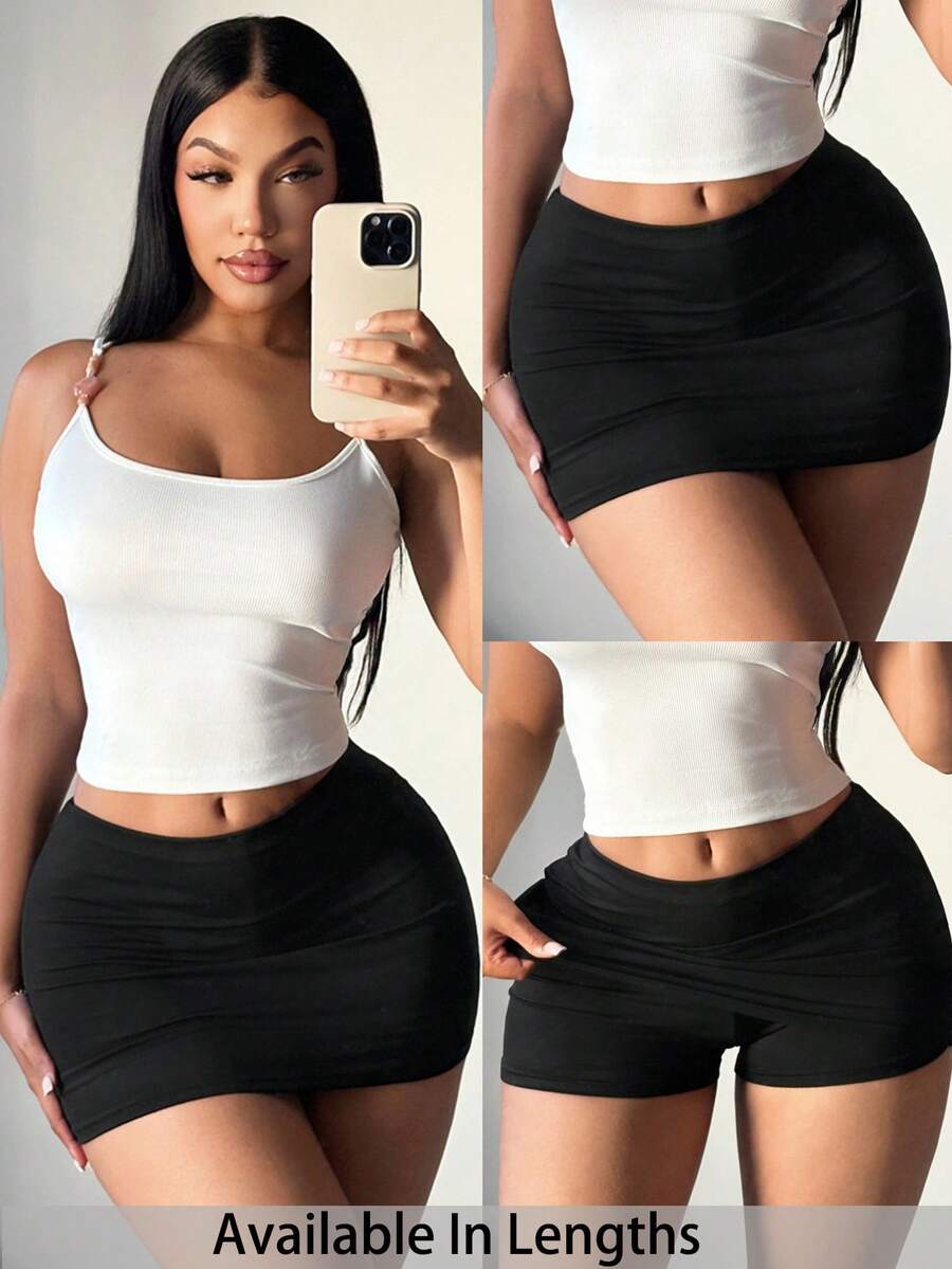 SHEIN PETITE CURVE Plus Size Women's Solid Black Pleated Mini Bodycon Skirt With Built-In Shorts, Casual Sexy Kawaii Night For Autumn, Party Date Night, Beach - Black - View 1