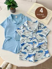 LMoss Kids 4 Stücke Baby Jungen süßer Cartoon Dinosaurier Muster einfarbig Hemd mit Kragen und Knöpfen, kurze Ärmel, kurze Hose, locker und bequem Pyjama Set - Verschiedenfarbig - Übersicht 1