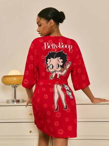 Betty Boop x SHEIN 女士卡通嘴唇印花睡袍，配腰带 - 紅色 - 查看 7