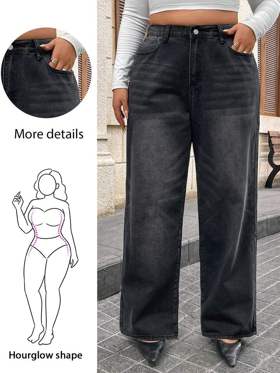 Hourglow Allicaitlin Plus Size Casual Daily Wear Straight Leg Boyfriend Jeans, For Hourglass Body Shape - Black - View 1