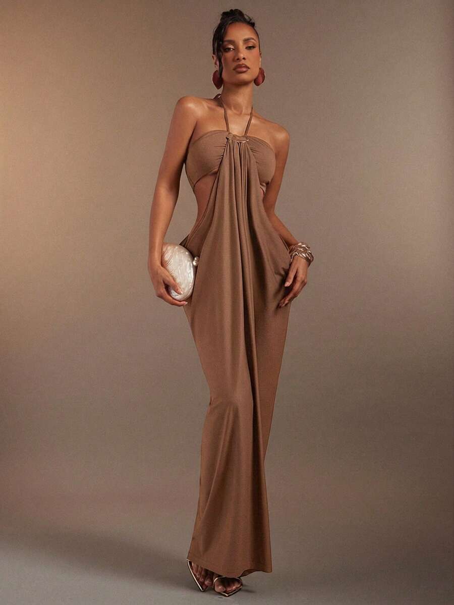 Hauture Olive Green Bandeau Cut Out Side Draped Gathered Side Halter Neck Maxi Dess - Brown - View 1