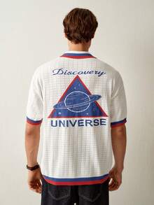 RONVEXI Áo thun nam tay ngắn cài một hàng khuy, họa tiết chữ cái và hình học. - Nhiều màu - Xem 5