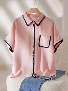 CosyJoli 大码女式拼接单排扣休闲百搭日常衬衫 - 粉色 - 查看 1
