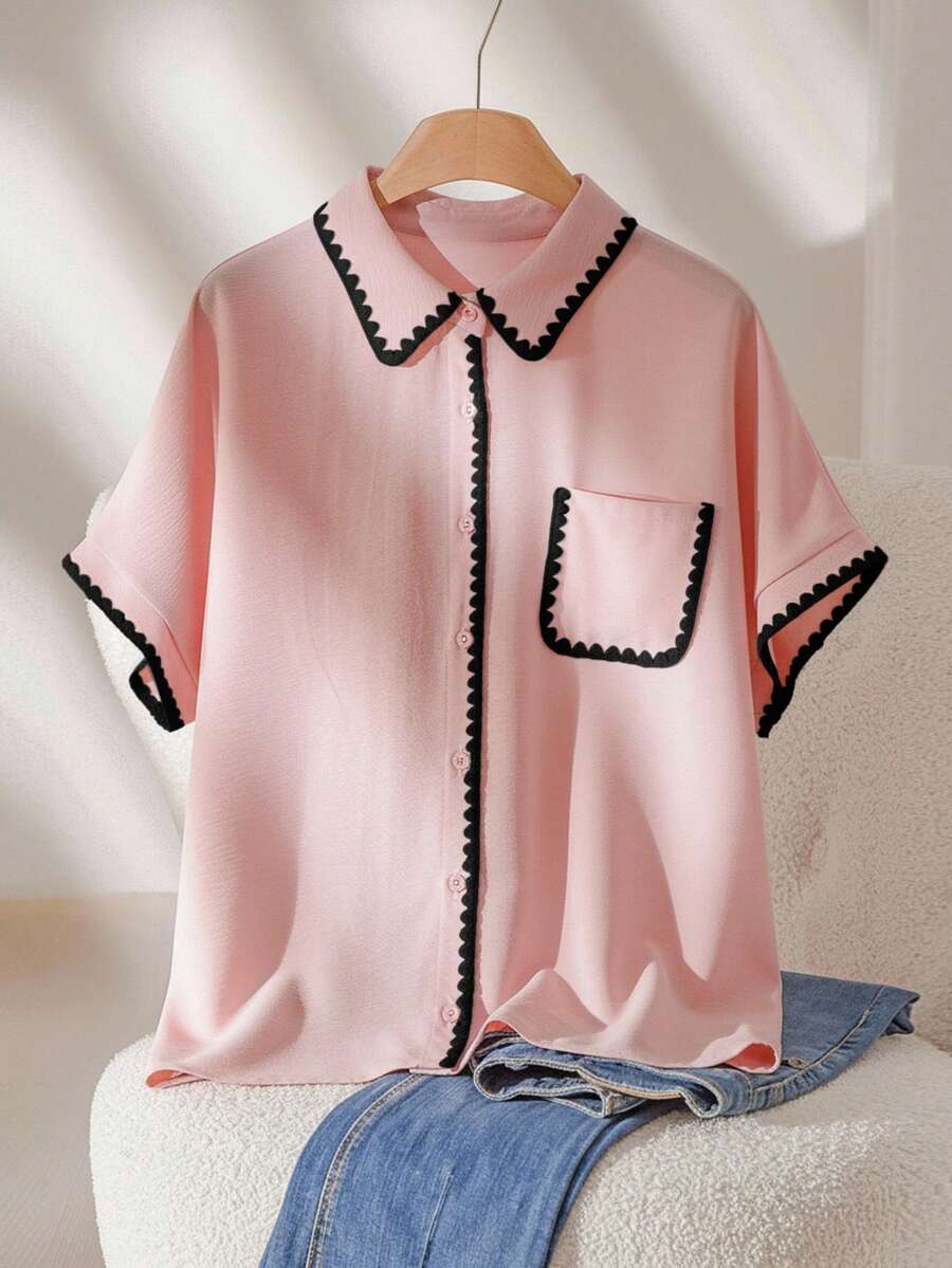 CosyJoli 大码女式拼接单排扣休闲百搭日常衬衫 - 粉色 - 查看 1