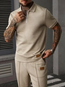 Manfinity CasualCool Plus Size Men's Casual Solid Color Textured Fabric Short Sleeve Polo Shirt And Seam Front Pants Set, Suitable For Spring, Summer And Autumn - Khaki - View 4