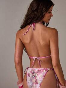 SHEIN BAE 女士3D立体花卉装饰挂脖比基尼上衣，水晶串珠网纱 - 粉色 - 查看 2