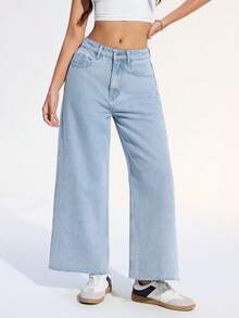 SHEIN ICON Plus Size Women Casual Versatile Frayed Hem Wide Leg Jeans - Blue and White - View 4