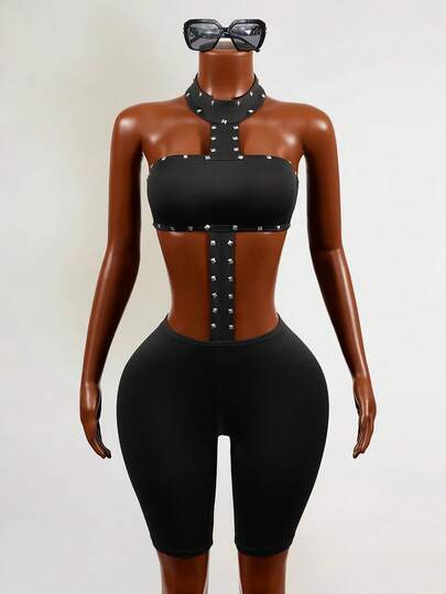 Mistrie Combinaison sexy décorée de couleur unie pour femmes, pour l'été