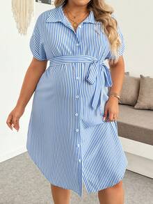 Plussiva Plus Size Maternity Striped Single-Breasted Tie-Waist Short Sleeve Casual Dress Beachwear Summer - Blue and White - View 7