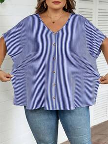SHEIN CURVE+ Plus Size Summer Casual Striped Batwing Sleeve Shirt - Blue - View 9