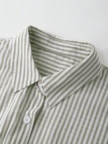SHEIN Franclia Vintage Striped Short Sleeve Shirt, Fashionable For Commuting In Summer - Army Green - View 4