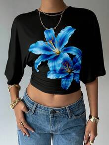 Aloruh Women's Solid Color Round Neck Batwing Sleeve Ruched Design Cropped Fashionable Top,Summer Top - Multicolor - View 3