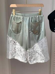 Comfortcana Women's Lace Patchwork Elastic Waist Casual Shorts Satin Skirt Lace - Green - View 2