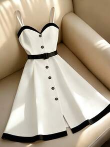 SHEIN Franclia Elegant French Women's Black And White Contrasting Suspender Waist Cinched Dress,Retro Single Breasted Summer Holiday Tea Party Graduation Dress - Black and White - View 3