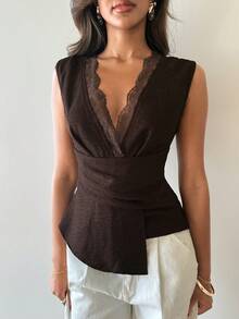 Aloruh New Minimalist Fashion Commuter Lace Patchwork Waist Ruched Asymmetric V-Neck Pullover Blouse - Brown - View 6