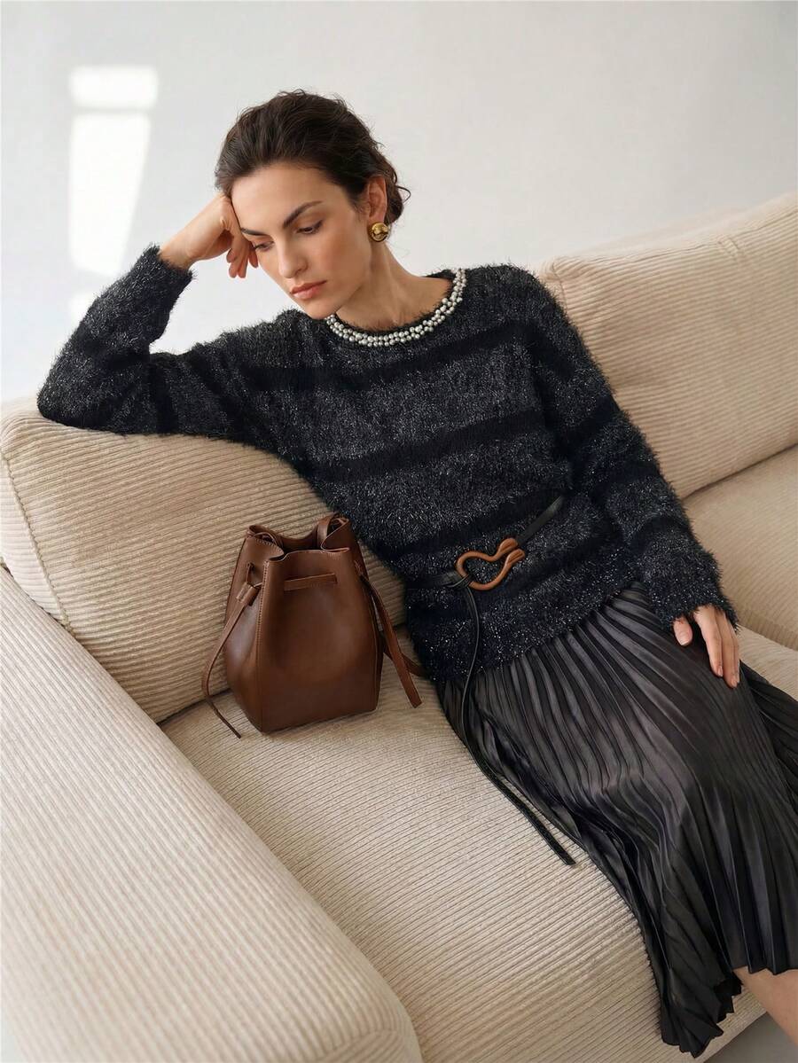 Uhlyne 简约圆领长袖优雅休闲针织毛衣，手工串珠细节，女式套头衫，适合派对和宴会，秋冬，万圣节主题 - 黑色 - 查看 1