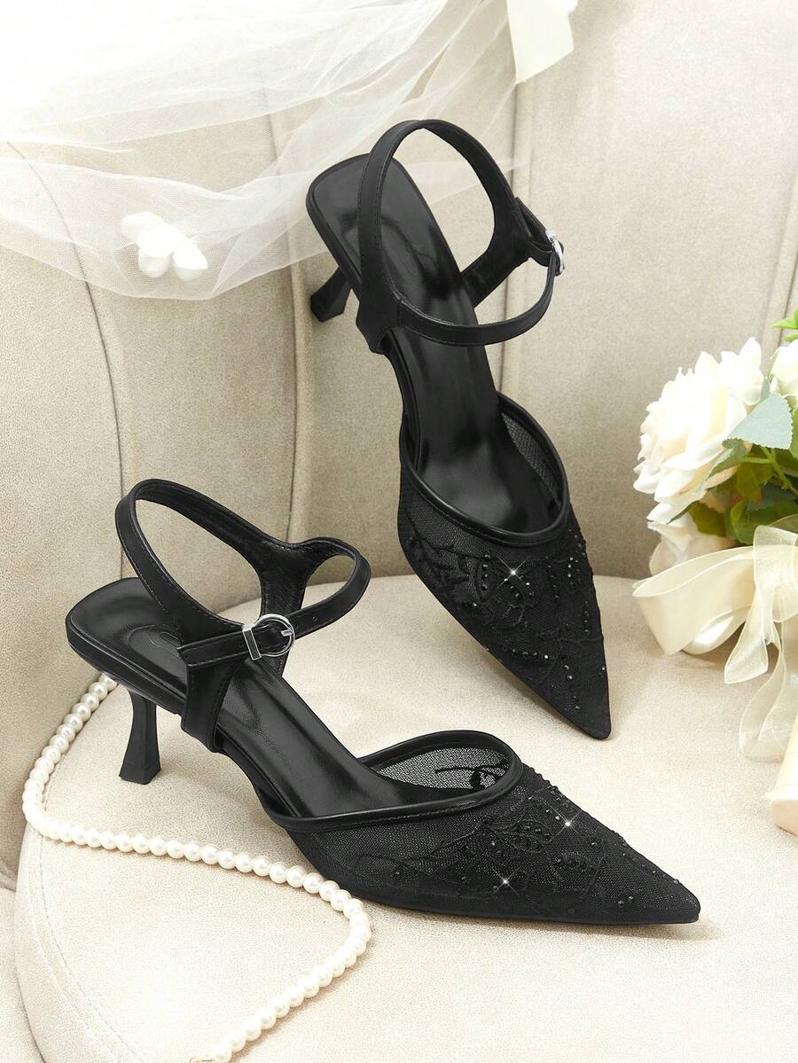 CUCCOO HITCHD Pointed Breathable Mesh Rhinestone Hollow Fashion Embroidery Temperament Versatile Sexy Fairy Banquet Black High Heels - Black - View 1
