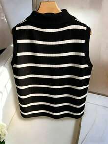 Áo vest dệt kim cổ bẻ kẻ sọc thanh lịch, kiểu dáng thường ngày dành cho nữ - màu đen - Xem 2