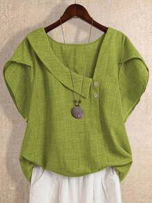 SHEIN LUNE CURVE 大码女式纯色不对称荷叶边短袖时尚衬衫，圣帕特里克节绿色衬衫，度假海滩装 - 青檸色 - 查看 1