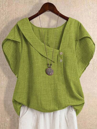 SHEIN LUNE CURVE Plus Size Women Solid Color Asymmetric Ruffle Trim Short Sleeve Fashionable Blouse,St Patrick's Day Green Blouse,Vacation Beach