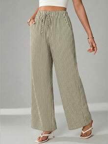 SHEIN Tall CURVE 大码女式抽绳腰带条纹休闲百搭阔腿裤，适合日常穿着 - Limelight Green - 查看 3