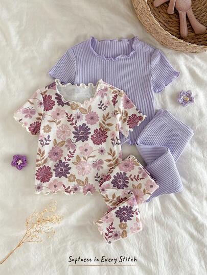 Cozy Pixies Newborn Baby Boy/Girl 4-Piece Set: Floral Print Soft Knit Crew Neck Long Sleeve Top And Elastic Waist Long Pants, Casual & Cute