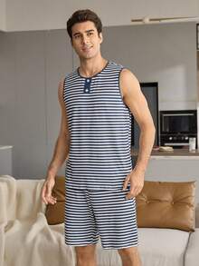 CoupledUp Conjunto de pijama casual sin mangas con estampado de color a contraste a rayas para hombres de talla grande - Azul - Ver 2