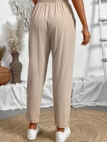 Breezaya Quần dài đơn giản, giản dị, màu trơn, có túi buộc phía trước dành cho nữ, mặc hàng ngày - Màu be - Xem 2
