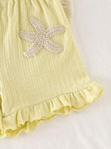 SHEIN Elladie kids 2件套女童条纹提花针织宽松背心短裤套装，适合休闲、度假、运动、夏季穿着 - 黃色 - 查看 5