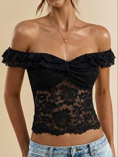 SHEIN BAE Áo kiểu ren xếp ly, áo kiểu ren đen
