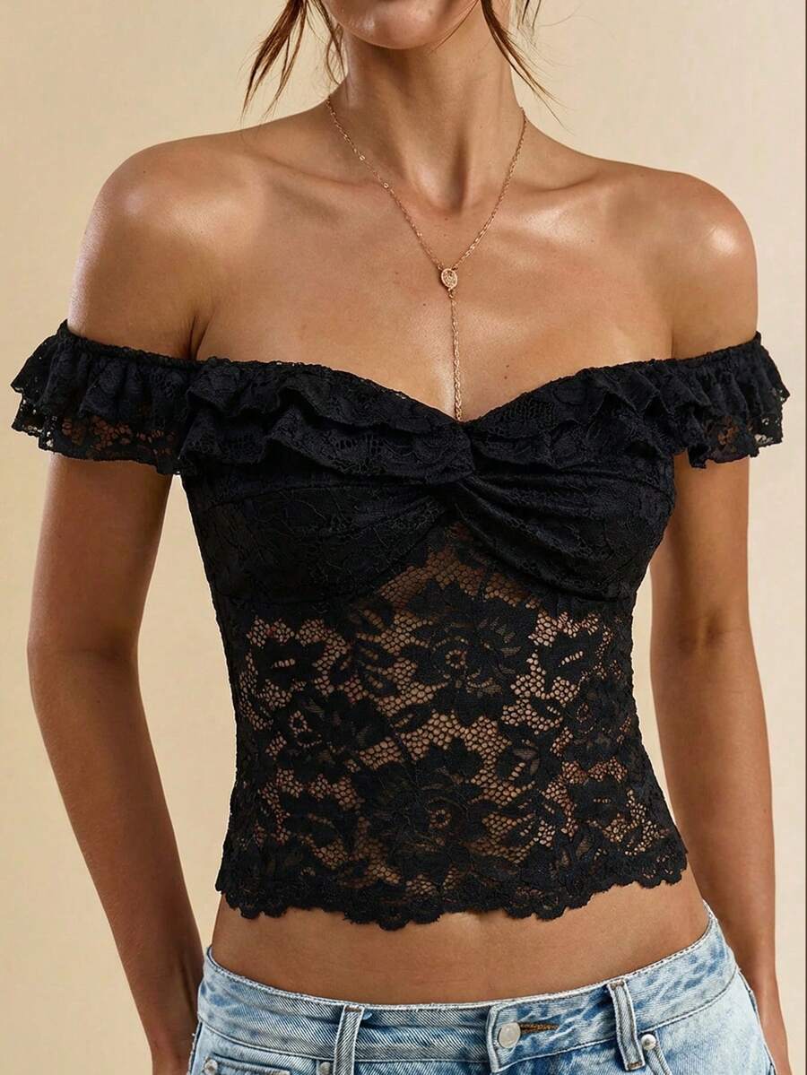 SHEIN BAE Ruffled Lace Sheer Blouse, Black Lace Blouse - Black - View 1