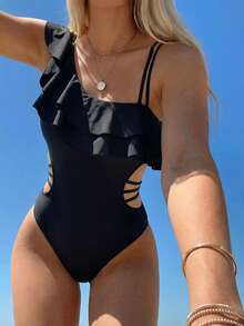 Swim Mod 夏季海滩女式不对称领口连体泳衣，荷叶边无钢圈设计，Tankini 泳衣 - 黑色 - 查看 3