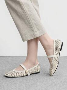 CUCCOO BIZCHIC Spring And Summer Beige Laser Hollow Square Toe Word Belt Comfortable Soft Simple Commuter Women's Flat Shoes - Chantilly - View 3