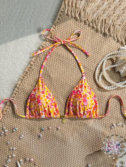 Swim Mod Áo bikini hai dây cổ yếm in họa tiết vỏ sò vàng ngẫu nhiên, kiểu áo bơi gợi cảm cho kỳ nghỉ hè.