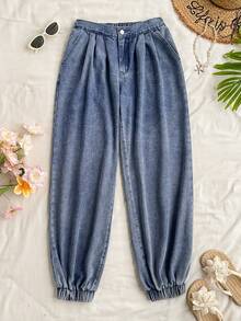 SHEIN Holidaya Women's Casual Daily Washed Slant Pocket Tapered Leg Jeans - Blue - View 4