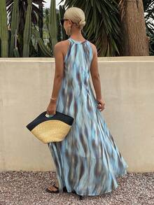 Livesso 女士夏季度假印花吊带中长连衣裙 - 藍色 - 查看 2