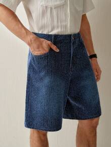 RONVEXI Quần short denim nam kẻ sọc dọc jacquard - Màu xanh lam - Xem 5