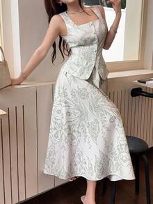 Women's Full Print Single-Breasted Top And Skirt Casual 2 Pieces Set - Green - View 5
