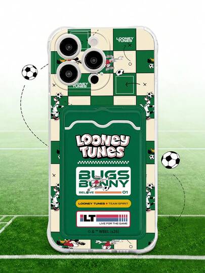 LOONEY TUNES X SHEIN 1个兔八哥卡槽手机壳，绿色棋盘格透明软TPU防震保护套，复古美式橄榄球运动风格，可爱卡通图案带卡槽，是生日毕业礼物、学生日常通勤动漫迷的理想之选，兼容iPhone，兼容iPhone 17 Pro Max/17/17 Pro，手机配件，快速发货