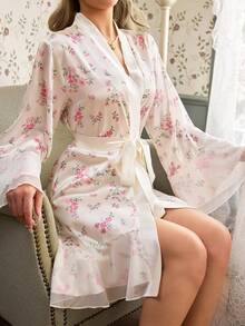 CottageSlumber Women's Ruffled Faux Silk Romantic Ditsy Floral Sleepwear Robe, Summer - White - View 3