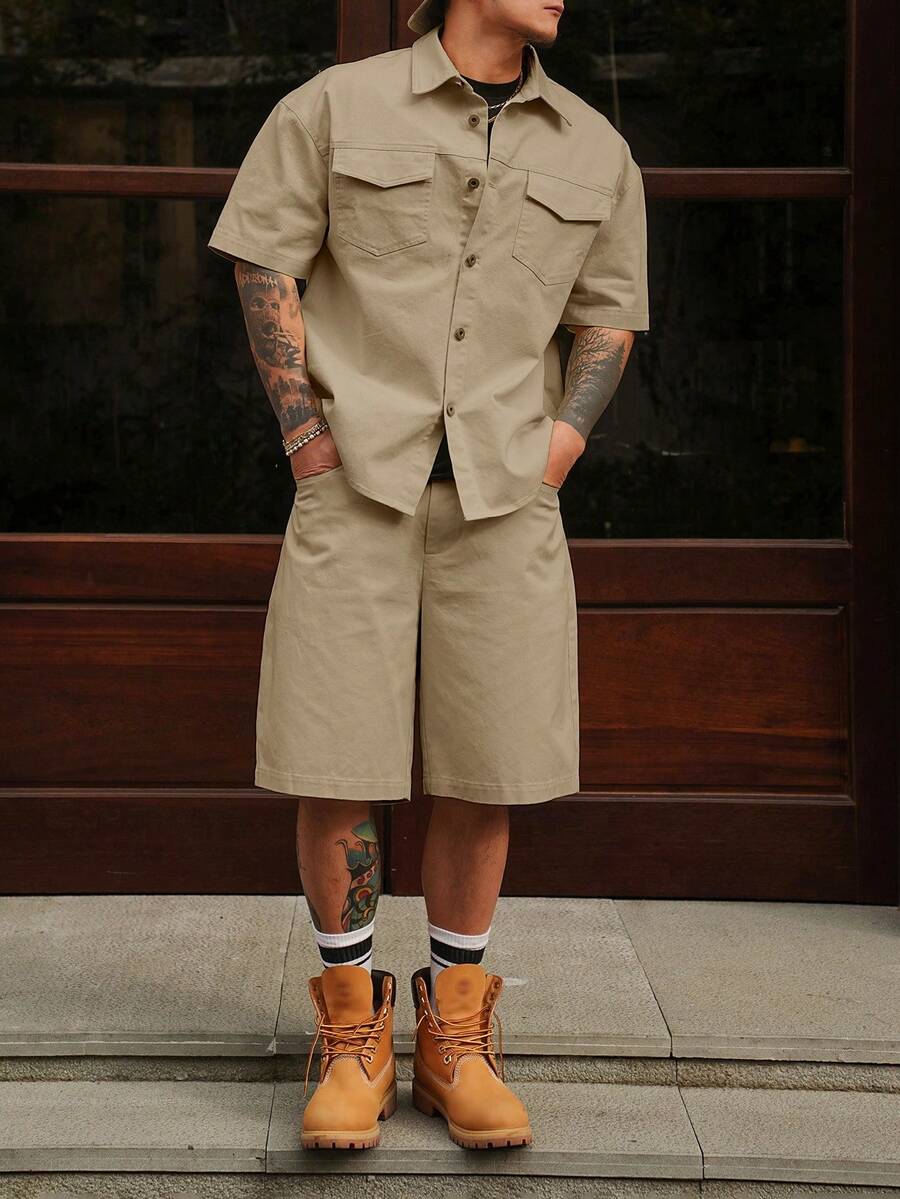 DAZY 男士纯色衬衫套装,春夏工装短袖衬衫和短裤两件套 - 卡其色 - 查看 1