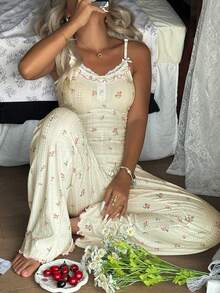 CottageSlumber Floral Lace Patchwork Backless Design Women Pajama Jumpsuit - Beige - View 7