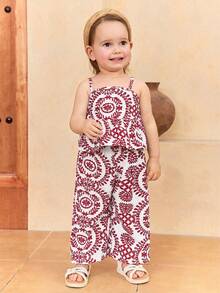SHEIN Baby Girl Vacation Floral Print Ruffle Hem Camisole - Red - View 3