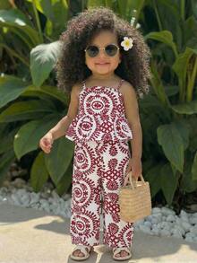 SHEIN Baby Girl Vacation Floral Print Ruffle Hem Camisole - Red - View 7