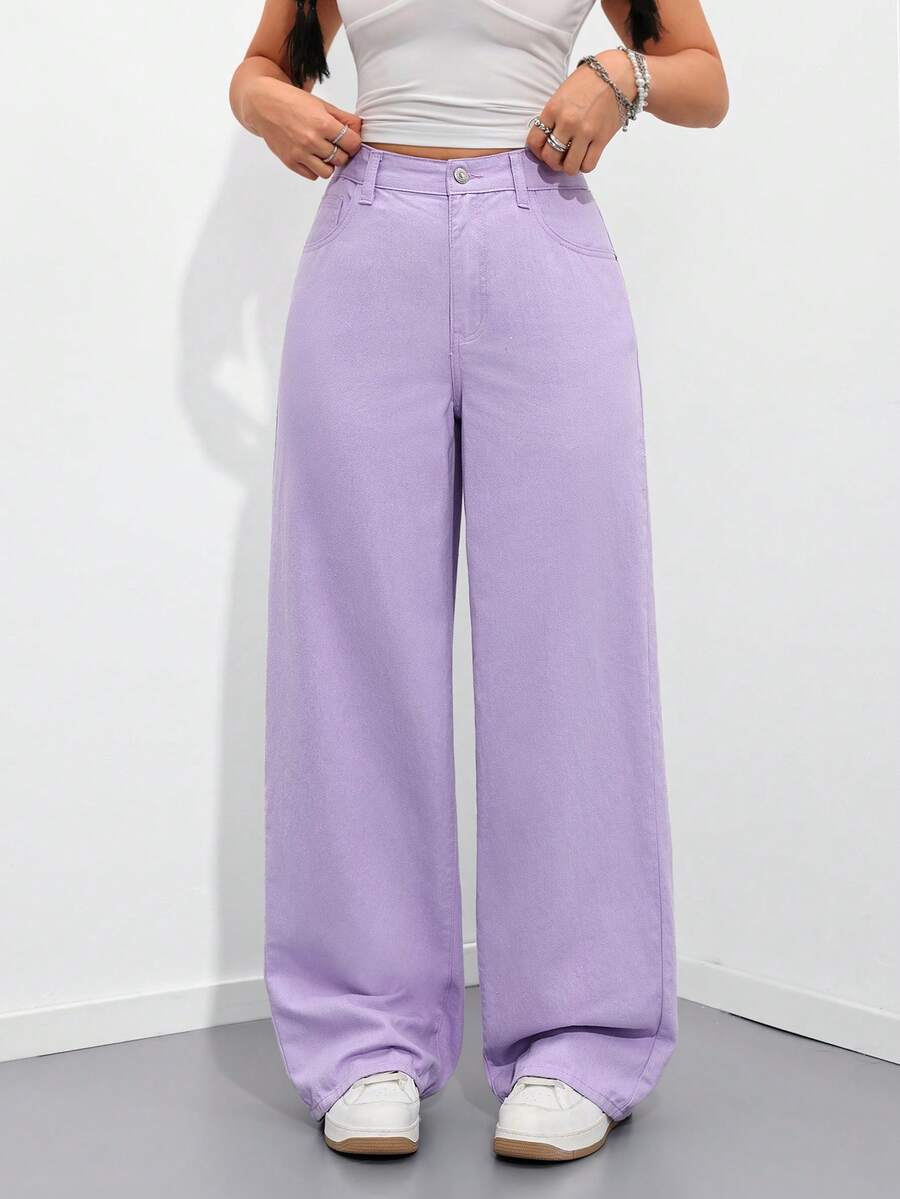 Rivivi Calça Jeans Casual de Cintura Alta, Corte Solto, Cor Sólida, com Bolso Diagonal - Roxo - Visão 1