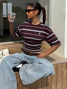 Muchica 休闲简约运动街头风百搭派对机场穿搭，蓝棕条纹小马图案印花，音乐节穿搭，女士夏季T恤 - 彩色 - 查看 4