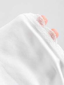 Sweetra Petite Áo thun nữ cổ chữ V buộc dây màu trắng kiểu Pháp lãng mạn phối ren, thích hợp mặc mùa xuân/hè. - trắng - Xem 8