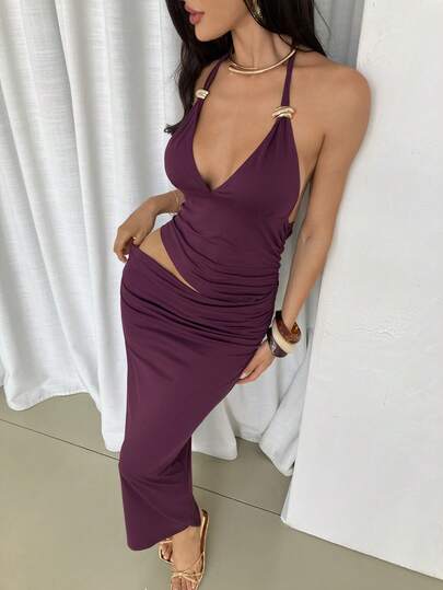 Firerie Women's Elegant Spring/Summer Romantic Sexy Party Music Festival Vacation V-Neck Metal Decor Halter Backless Waist Hollow Bodycon Burgundy Maxi Dress